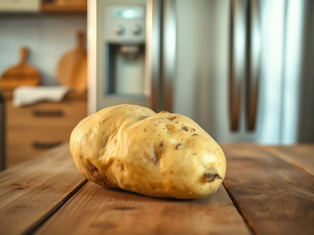 Surowy ziemniak leżący na drewnianym blacie kuchennym w pobliżu lodówki.