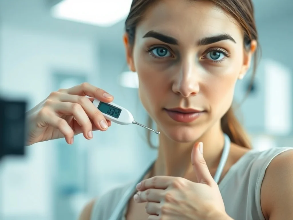 Kobieta mierząca temperaturę ciała termometrem elektronicznym pod pachą w gabinecie lekarskim.