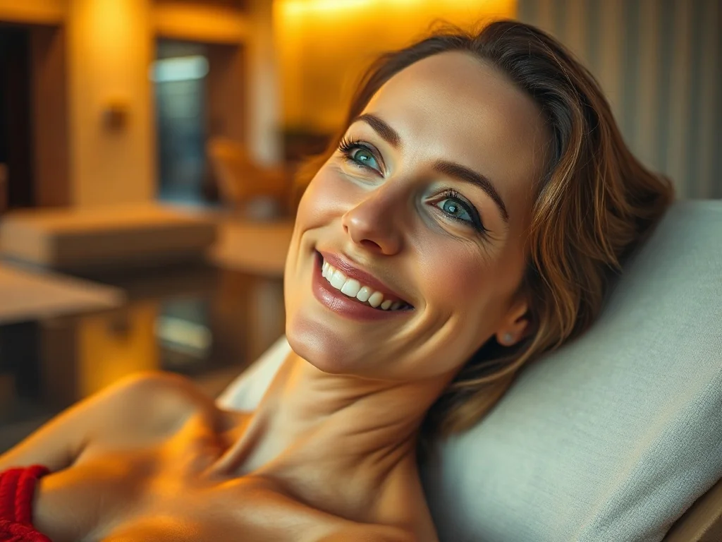Uśmiechnięta kobieta z opaloną skórą relaksująca się w nowoczesnym spa.