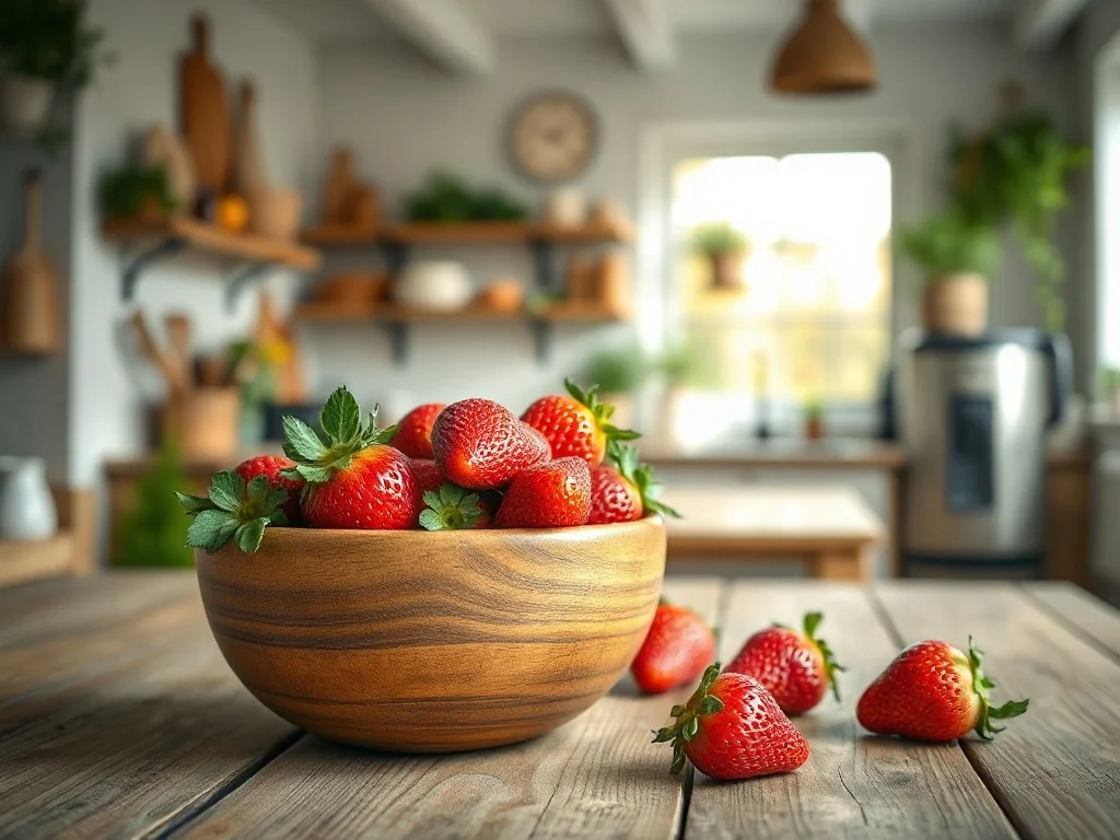 Świeże, czerwone truskawki w drewnianej misce na kuchennym stole, podkreślające naturalną świeżość owoców.